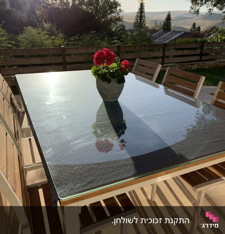 שולחן זכוכית עם השתקפות עציץ ופרחים אדומים